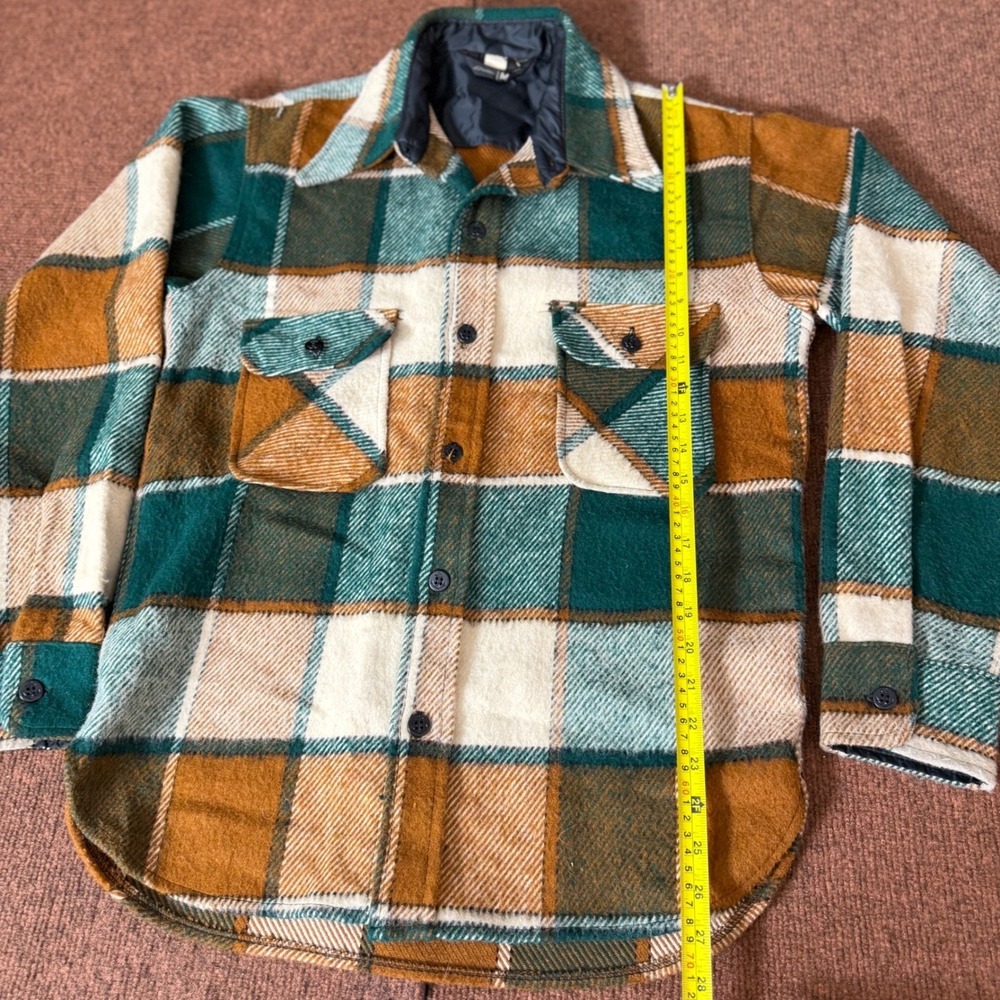 A- Vintage JCPenney Plaid Flannel Shirt Jacket Green Brown Quilted Lined Mens M - Picture 4 of 8